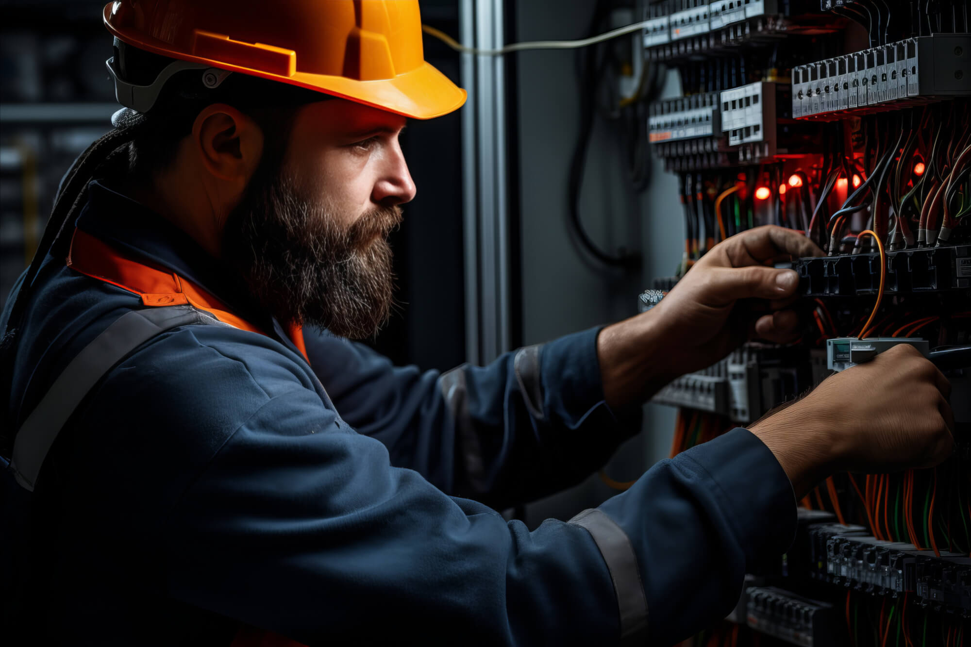 An electrician working on a the main fuse box of a building