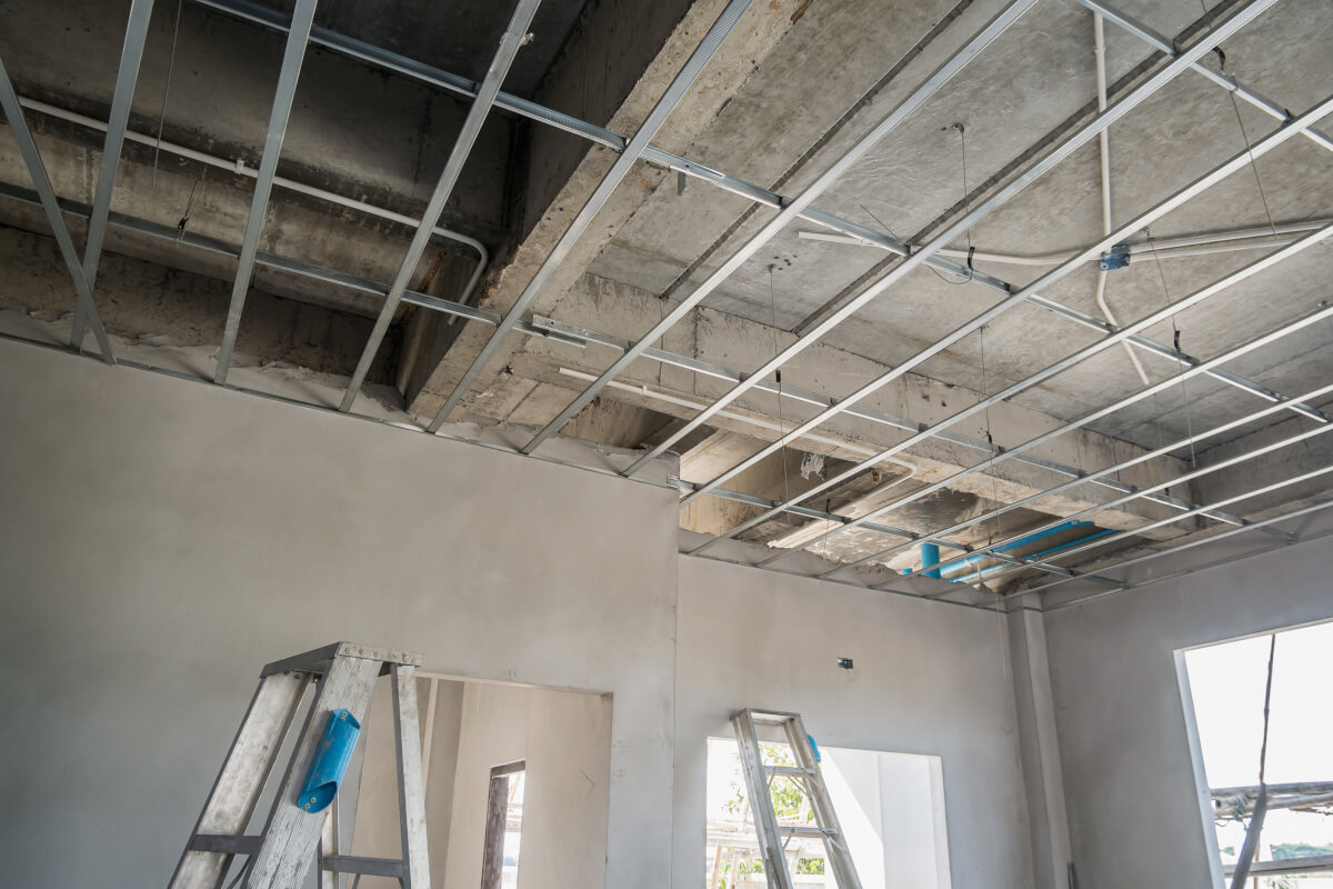 An unfishied ceiling in a mostly complete construction site
